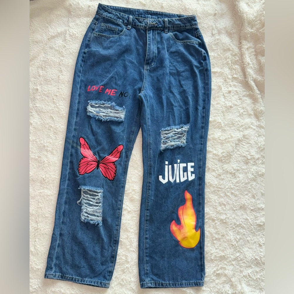 Stylish Blue Jeans with Butterfly and Flame Design